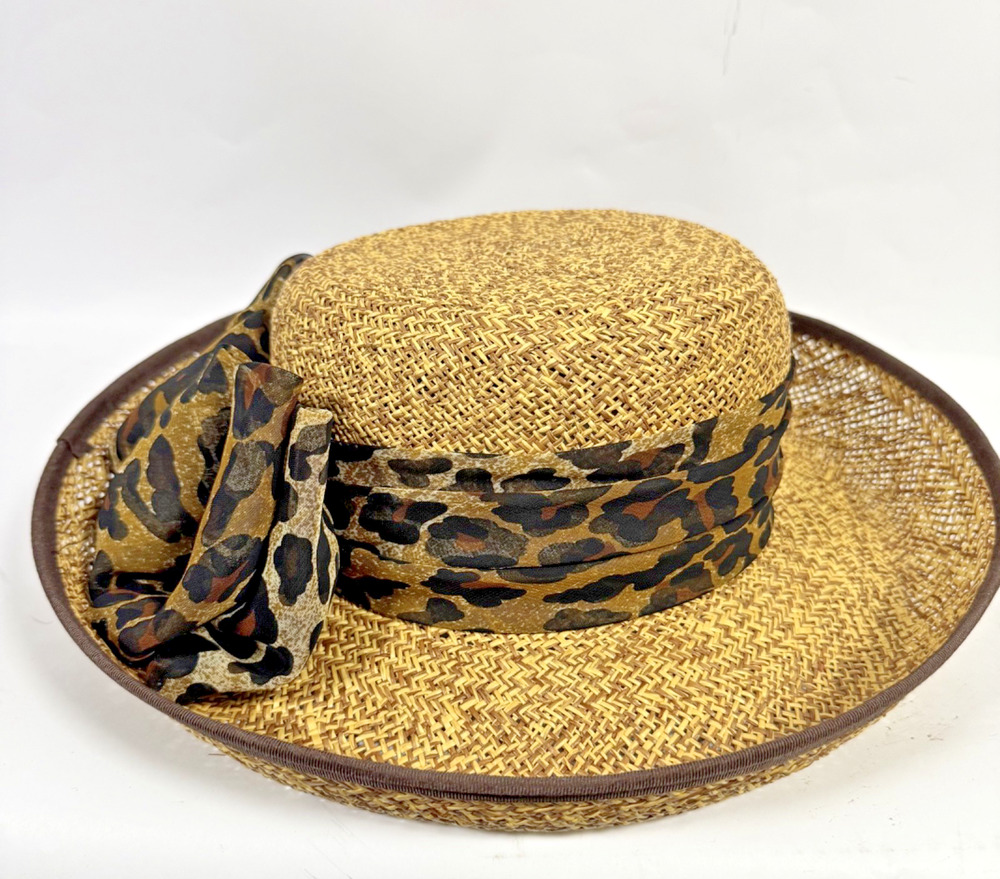 Vintage Sonni San Francisco Straw Hat Medium Brim Leopard Ribbon Trim Made In US